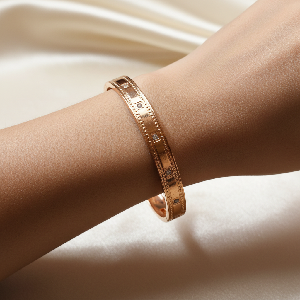 Beautiful slender wrist with rose gold diamond and beaded bracelet