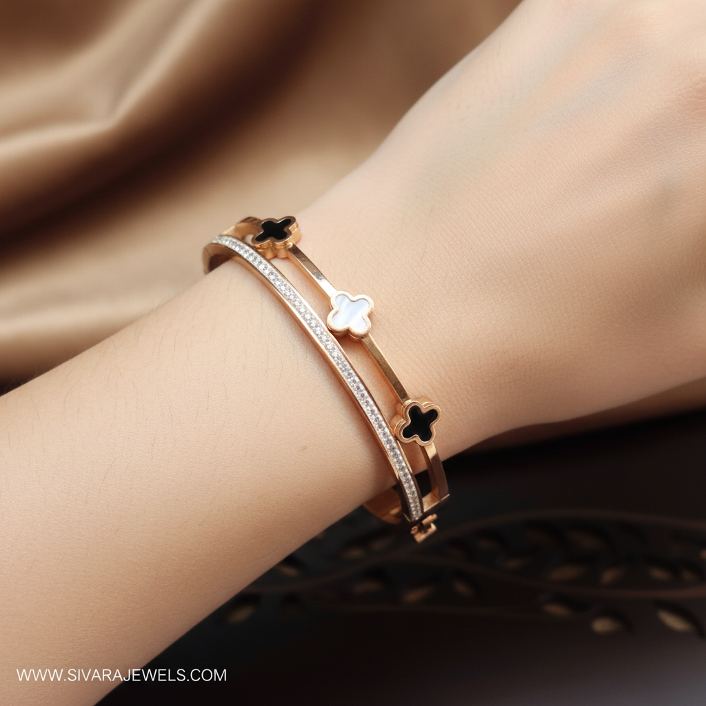Beautiful slender wrist with rose gold diamond and clover bracelet