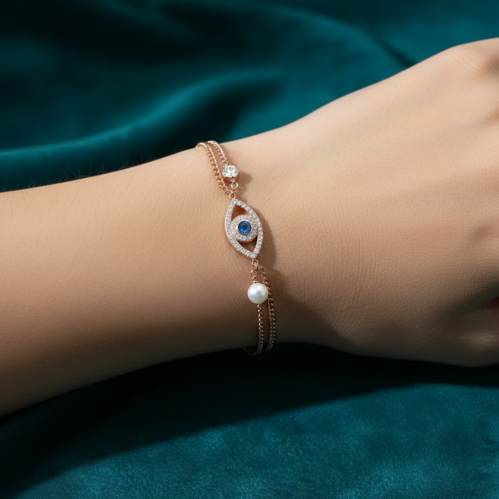 Beautiful slender wrist with rose gold diamond evil eye and pearl bracelet
