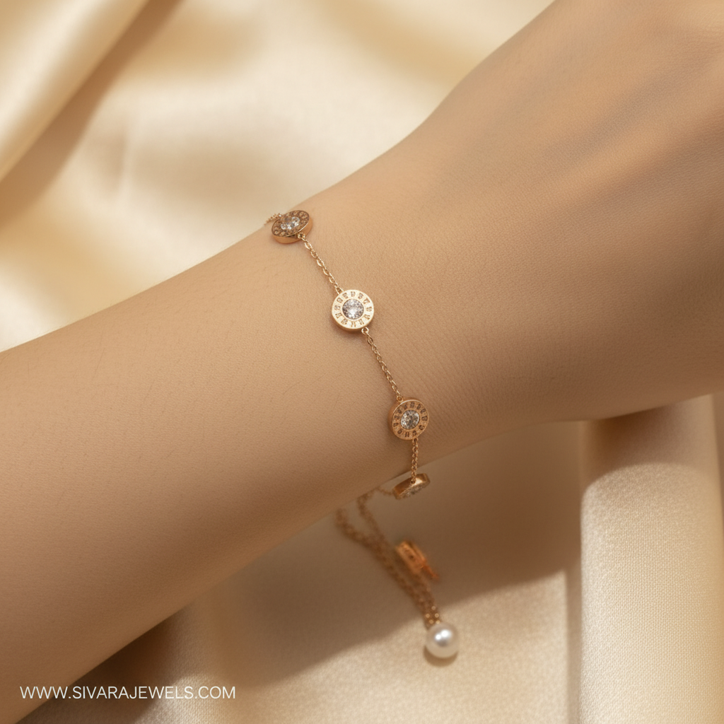 Beautiful slender wrist with rose gold diamond quatrefoil and pearl bracelet