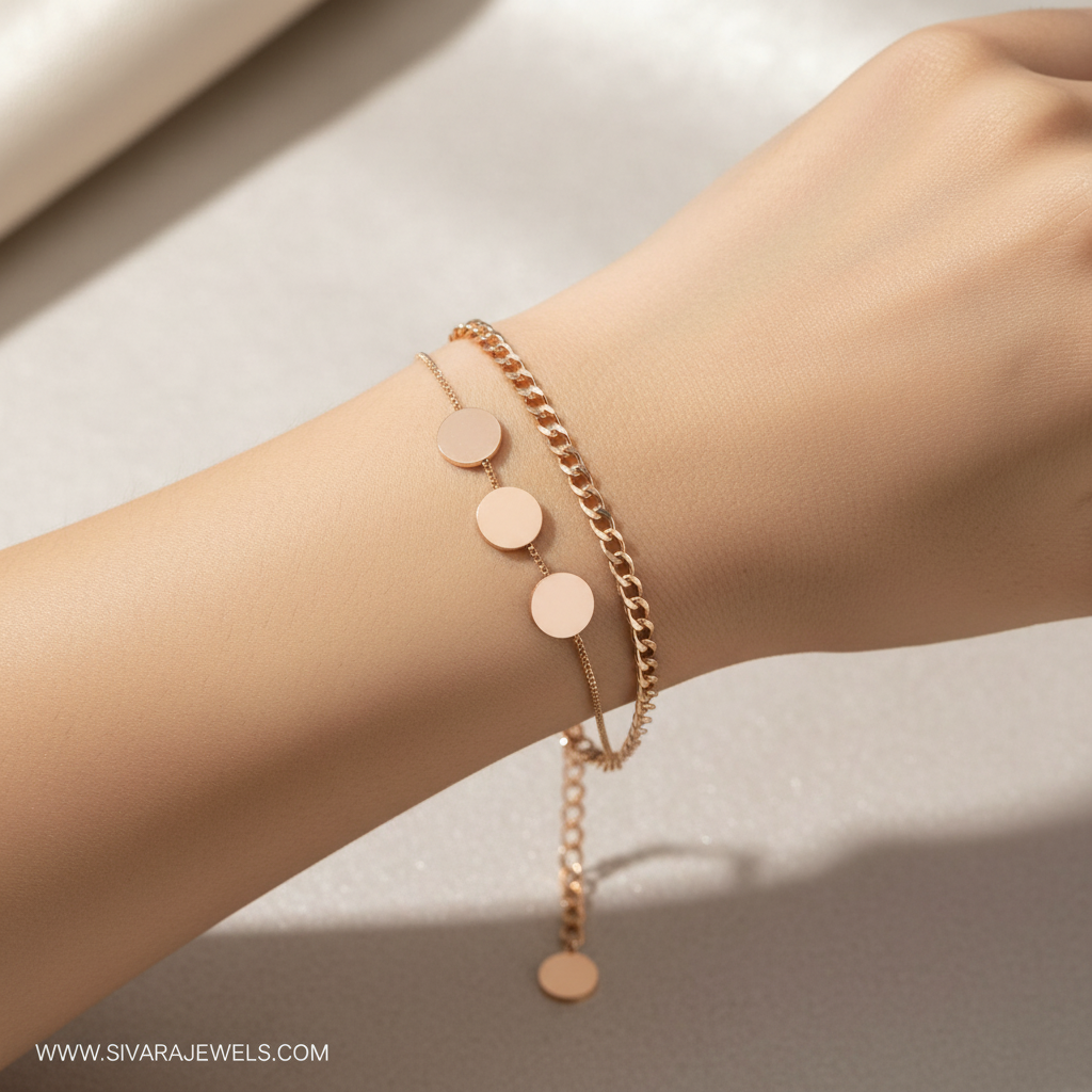 Beautiful slender wrist with rose gold disc danglers bracelet