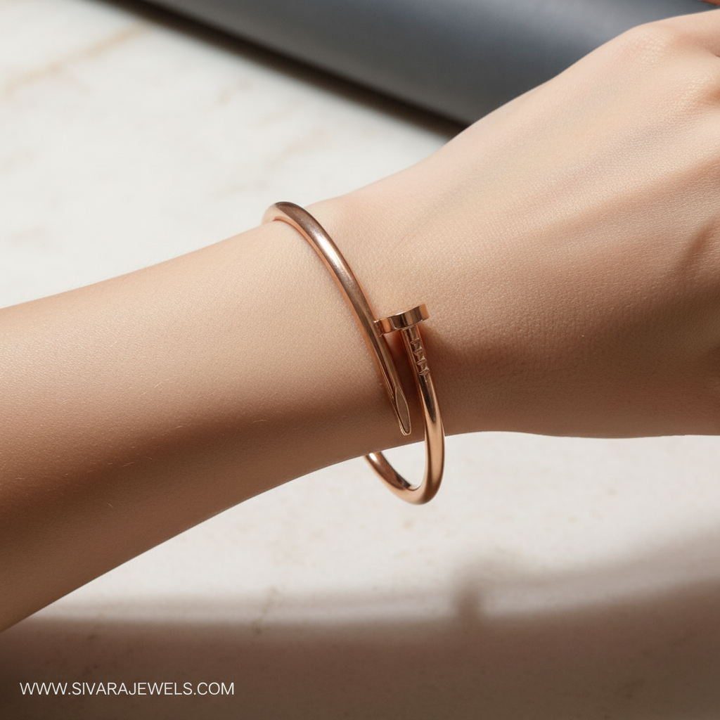 Beautiful slender wrist with rose gold modern disc bracelet
