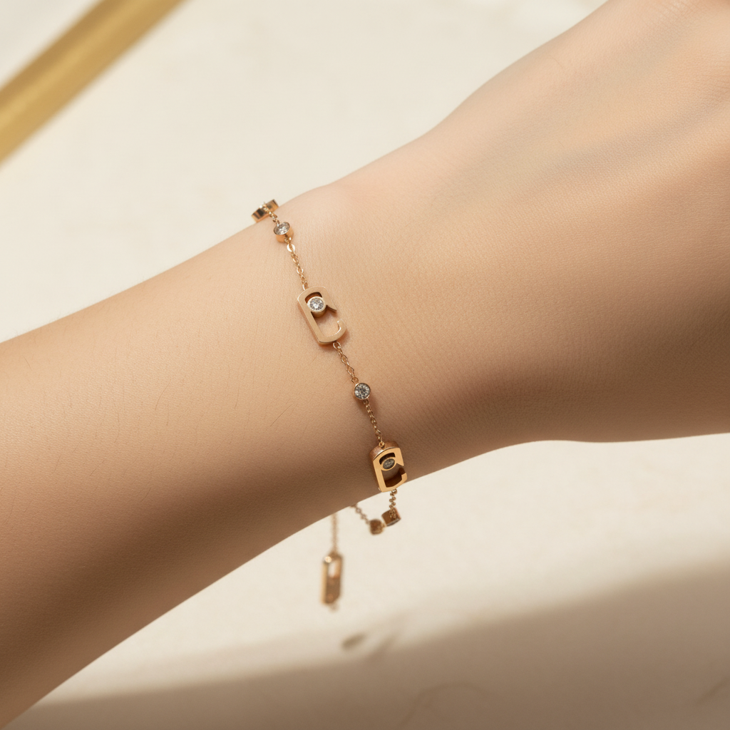 Beautiful slender wrist with rose gold rectangular link bracelet