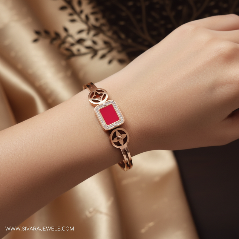 Beautiful slender wrist with rose gold red enamel and diamond bracelet