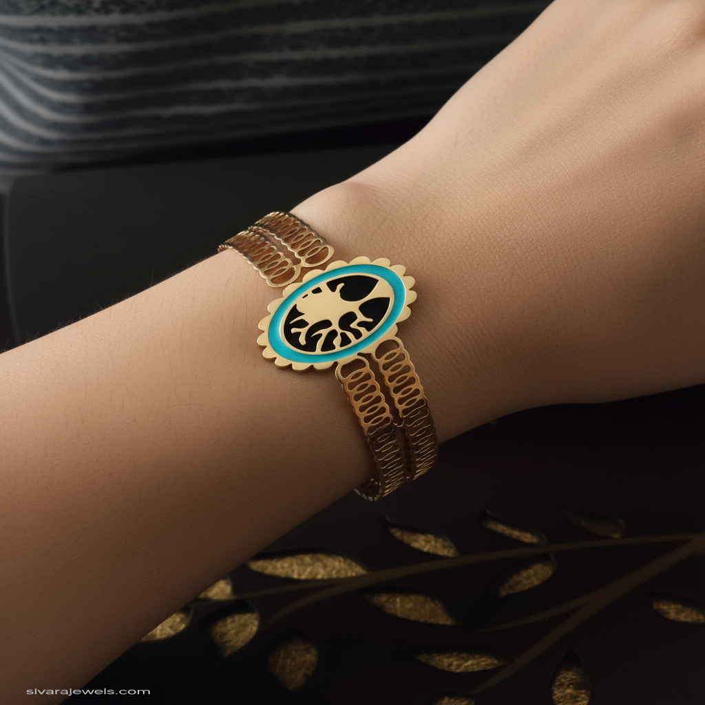 Beautiful slender wrist with turquoise and black enamel bracelet