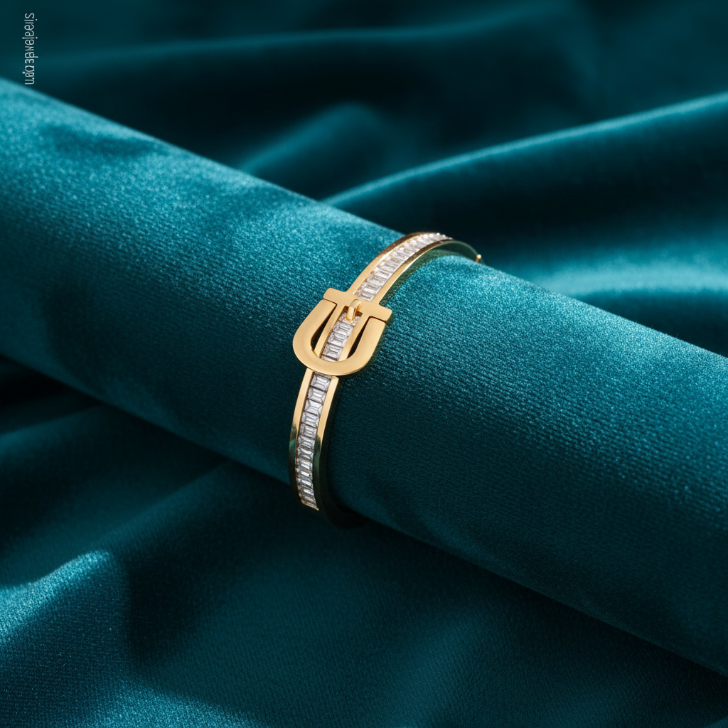 Belt buckle and baguette diamond bracelet on teal jewelry cushion with teal background