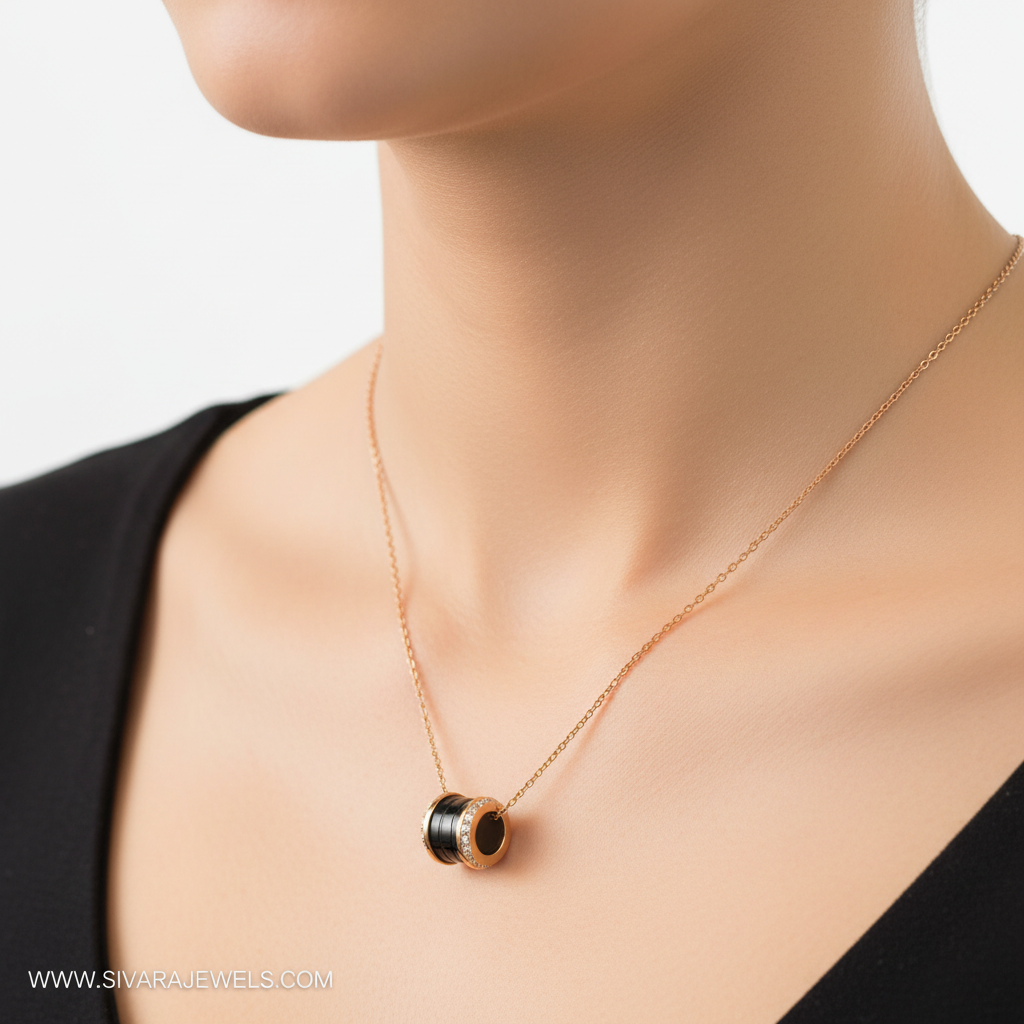 Black Ceramic Barrel Pendant on Slender Neck
