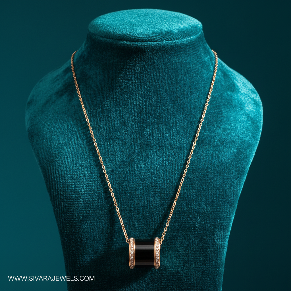 Black Ceramic Barrel Pendant on Teal Velvet