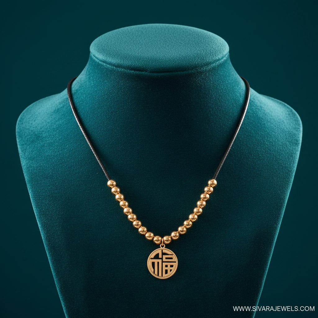 Black Cord with Gold Beads and Fu Symbol on Teal Velvet