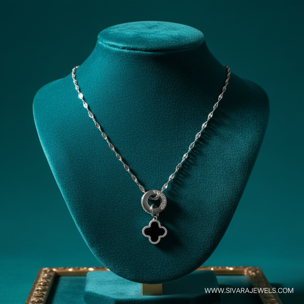 Black Onyx Clover Pendant on Teal Velvet