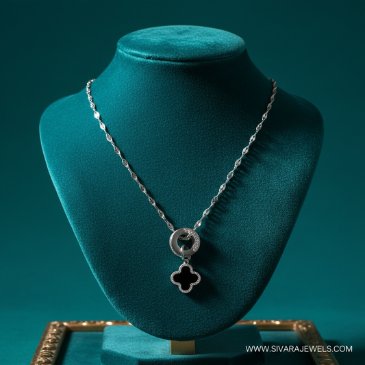 Black Onyx Clover Pendant on Teal Velvet