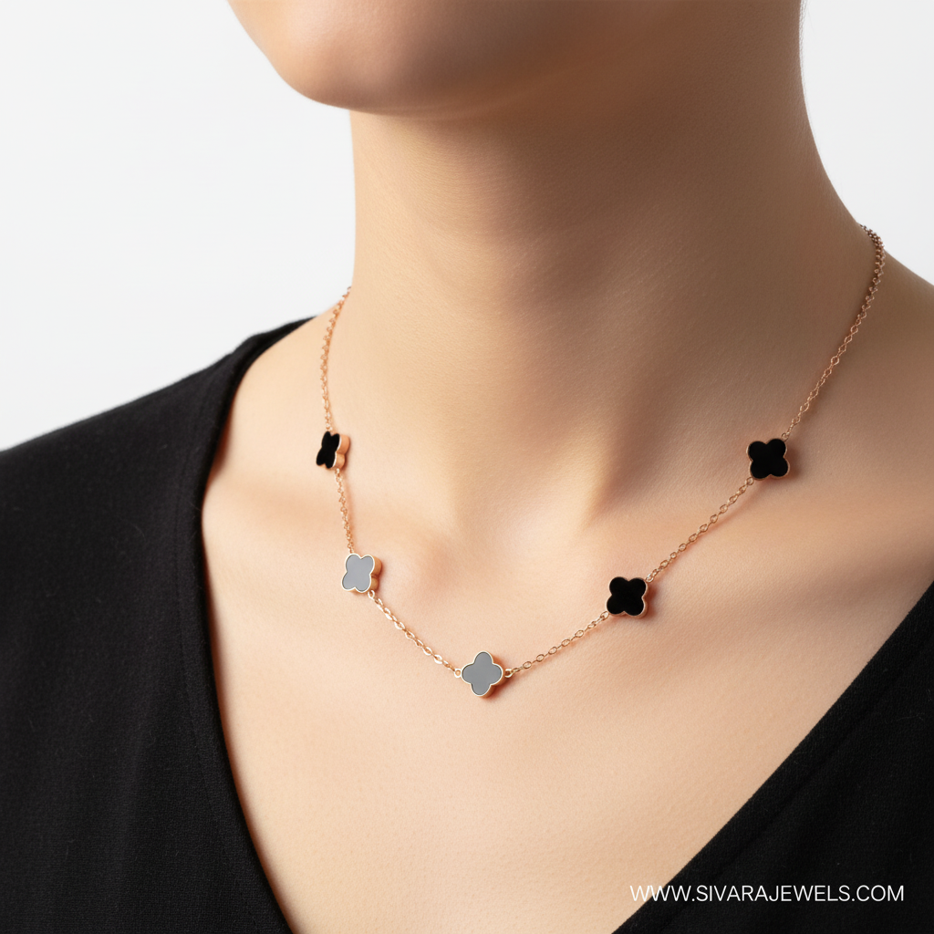 Black Onyx Clover Station Necklace on Slender Neck