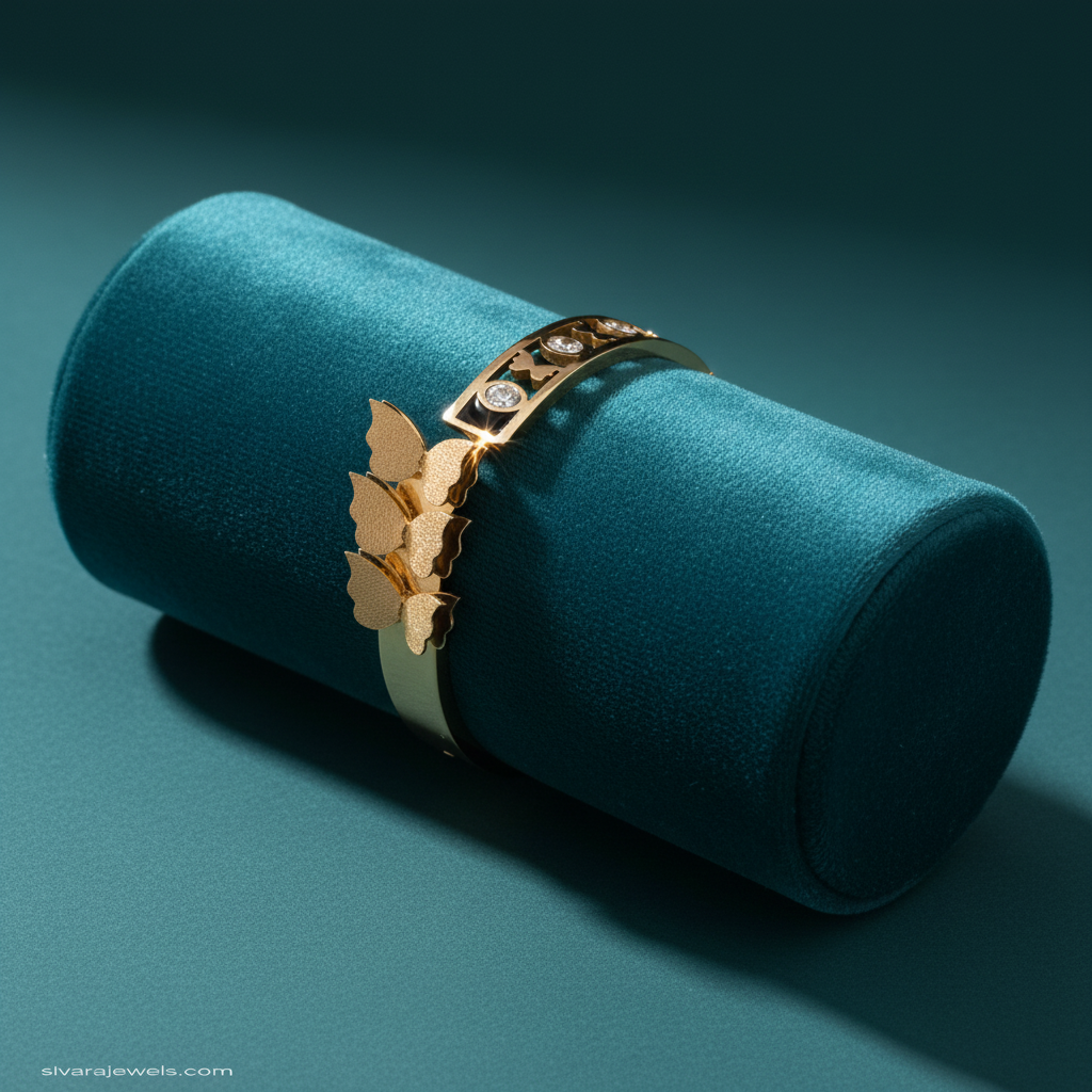 Butterfly and diamond bracelet on teal jewelry cushion with teal background