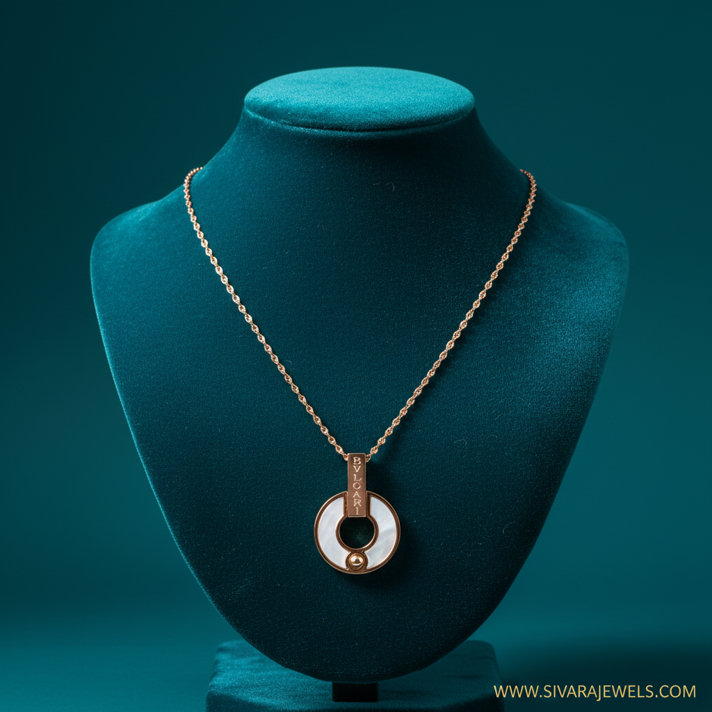 BVLGARI Double Hollow Circle Necklace on Teal Velvet