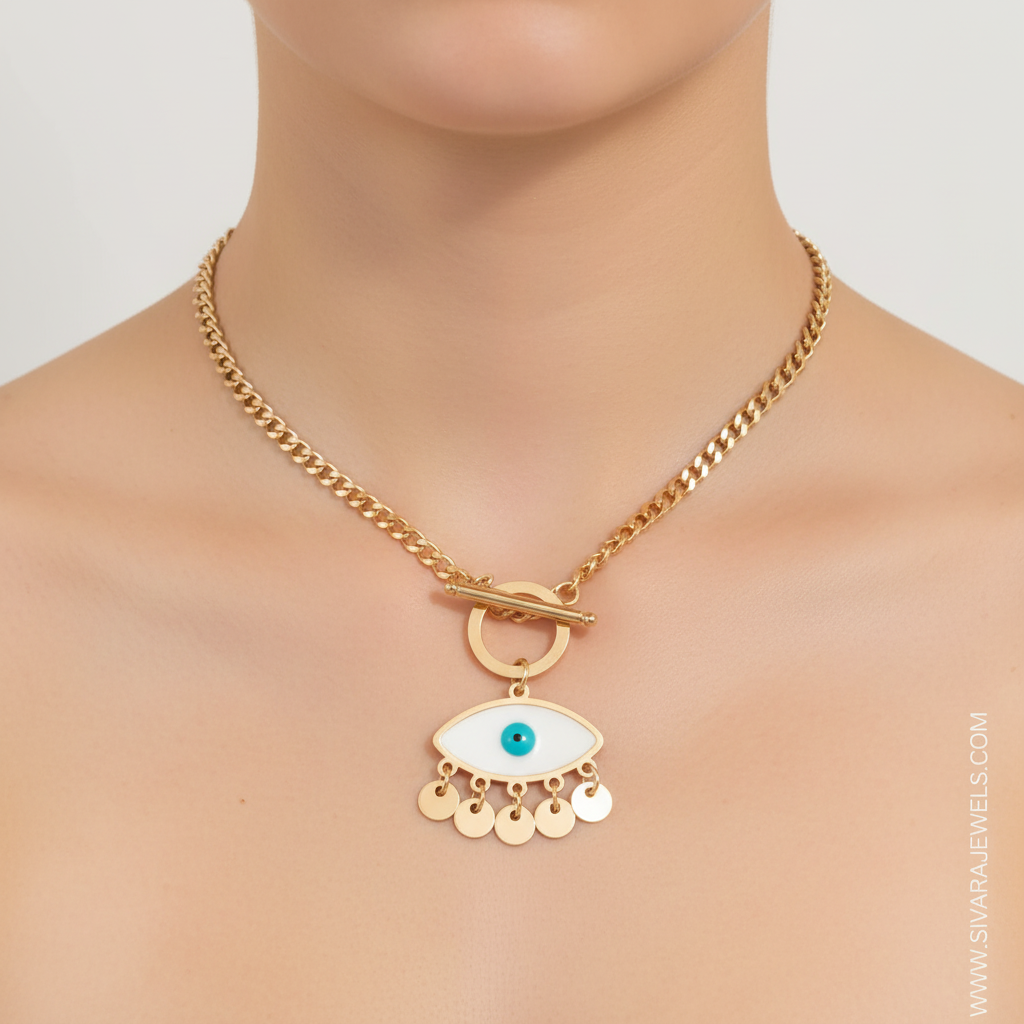 Chunky Chain with Evil Eye and Coin Fringe on Slender Neck