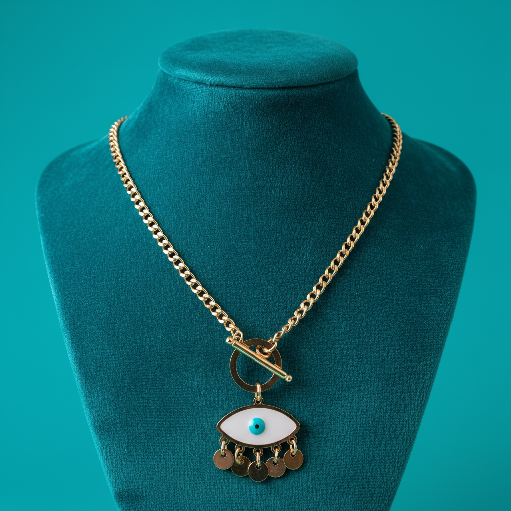 Chunky Chain with Evil Eye and Coin Fringe on Teal Velvet