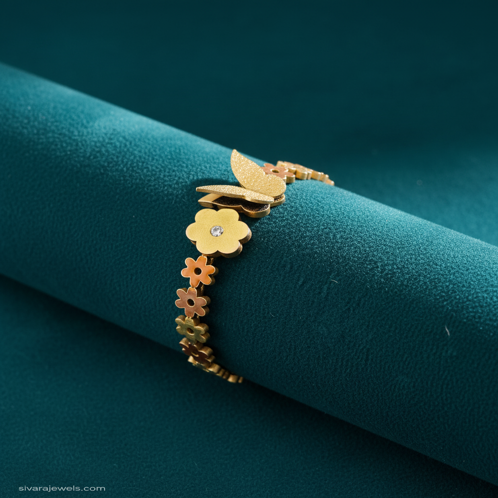 Colorful enamel flower bracelet on teal jewelry cushion with teal background