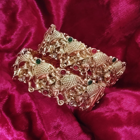 SIVARA Regal Gajraaj (Elephant) Bangles | Antique Temple Style Kada with Ruby & Emerald Accents