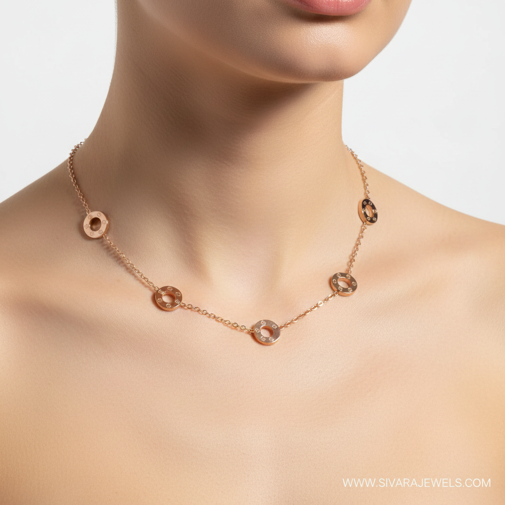 Disc Station Necklace on Slender Neck