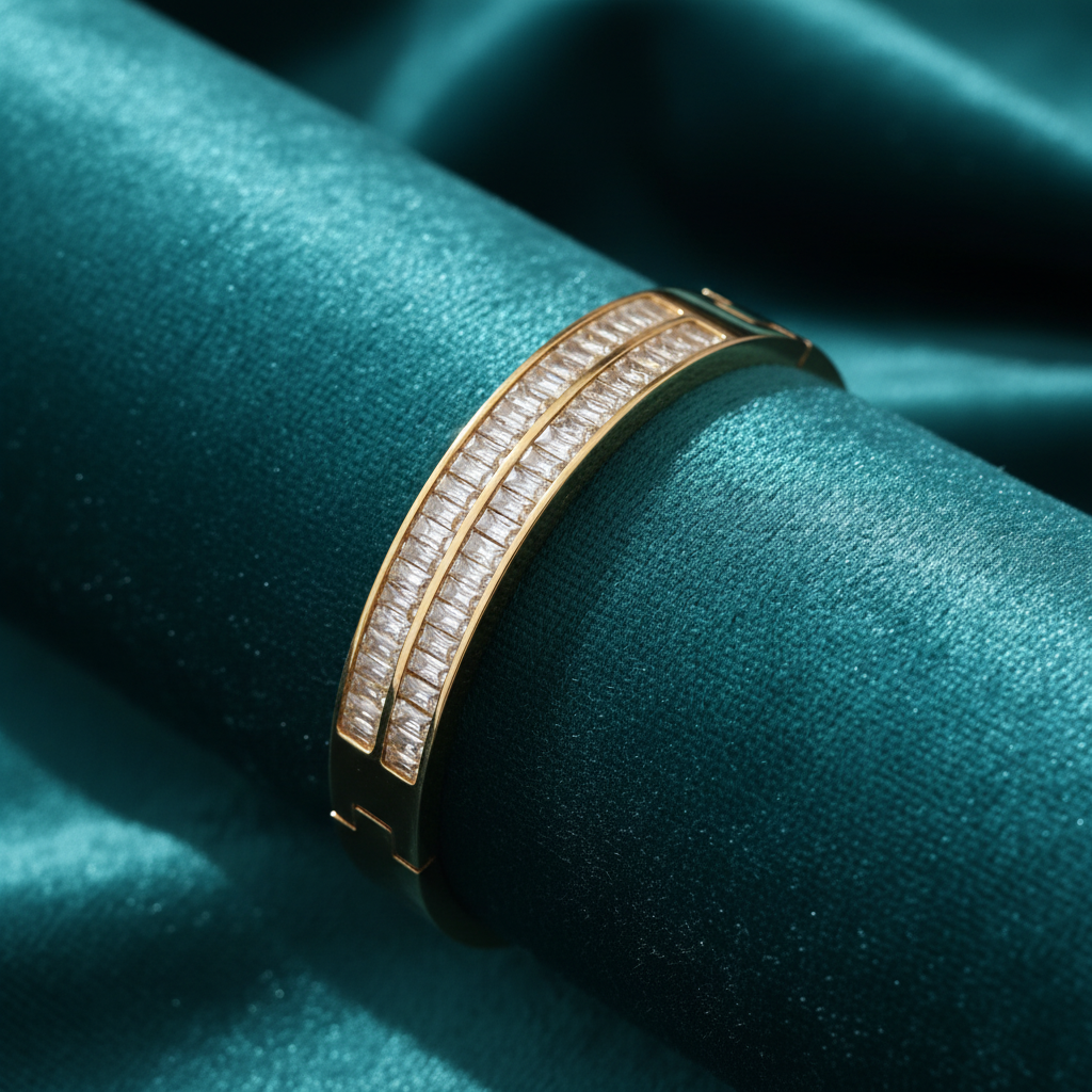 Double-row diamond bracelet on teal velvet cushion