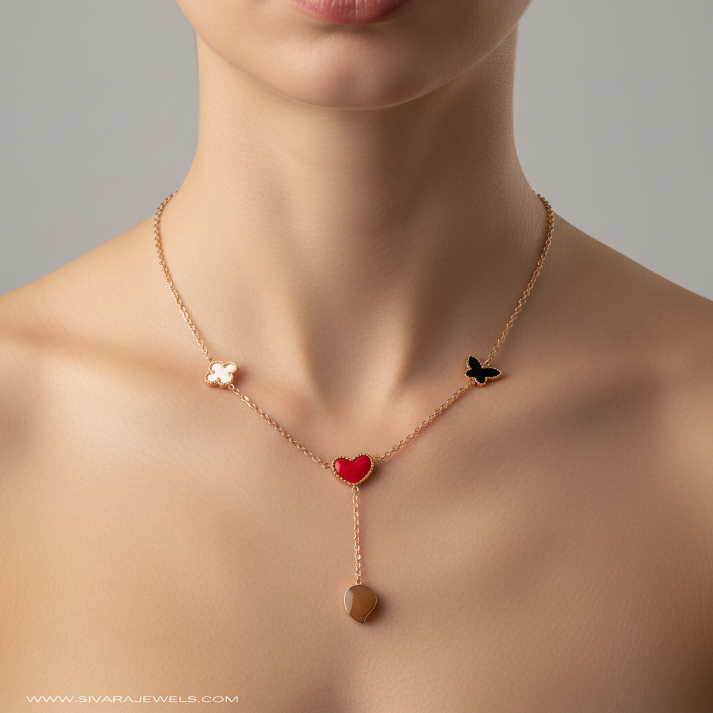 Enamel Charm Y-Necklace on Slender Neck - Green Butterfly