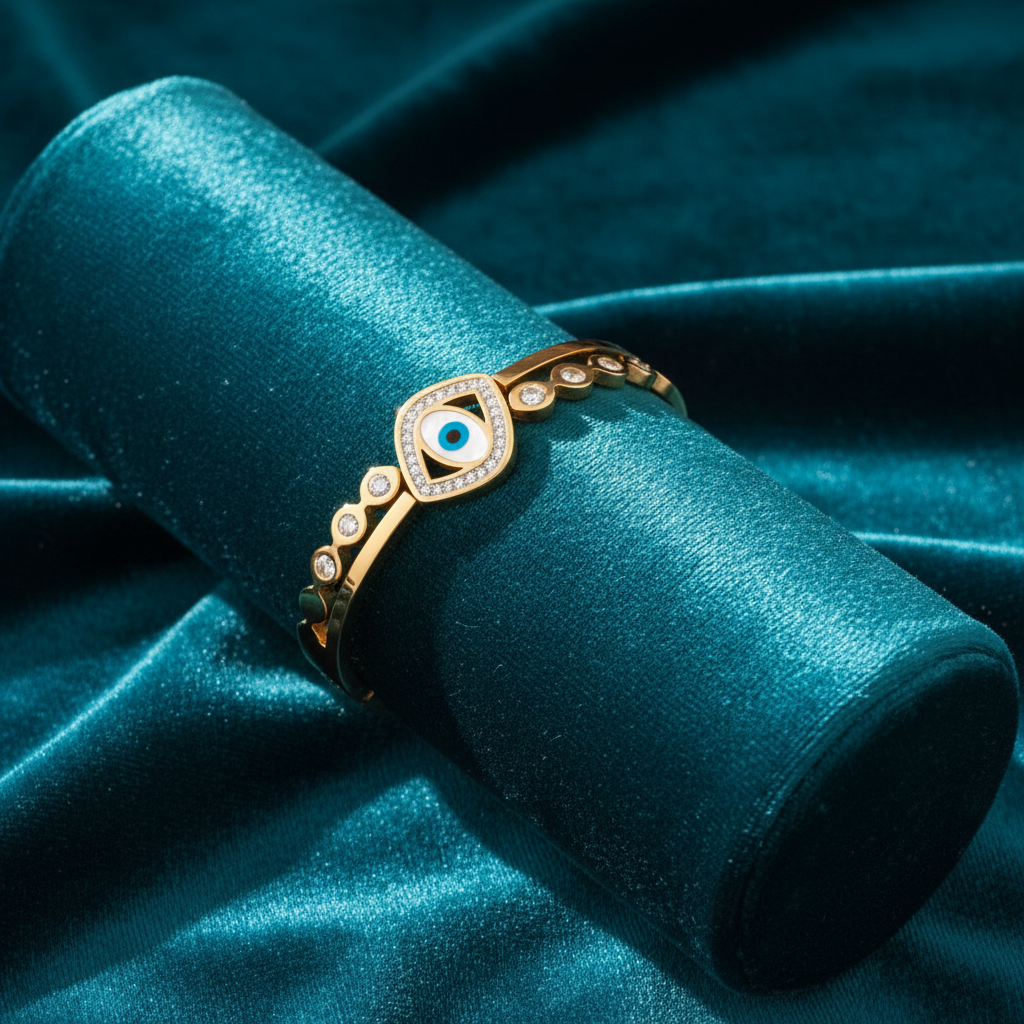Evil eye and disc bracelet on teal jewelry cushion with teal background