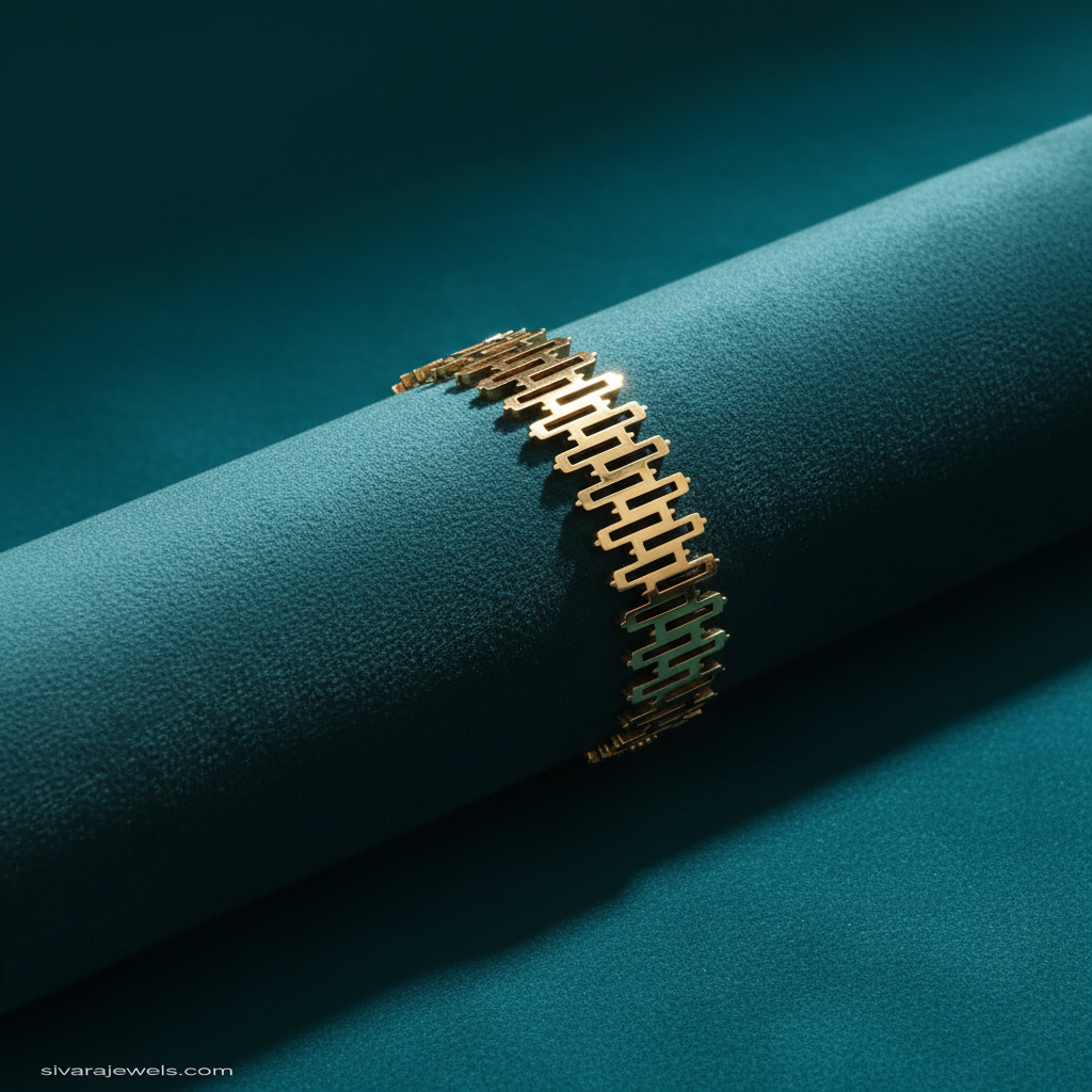 Geometric ladder bracelet on teal jewelry cushion with teal background