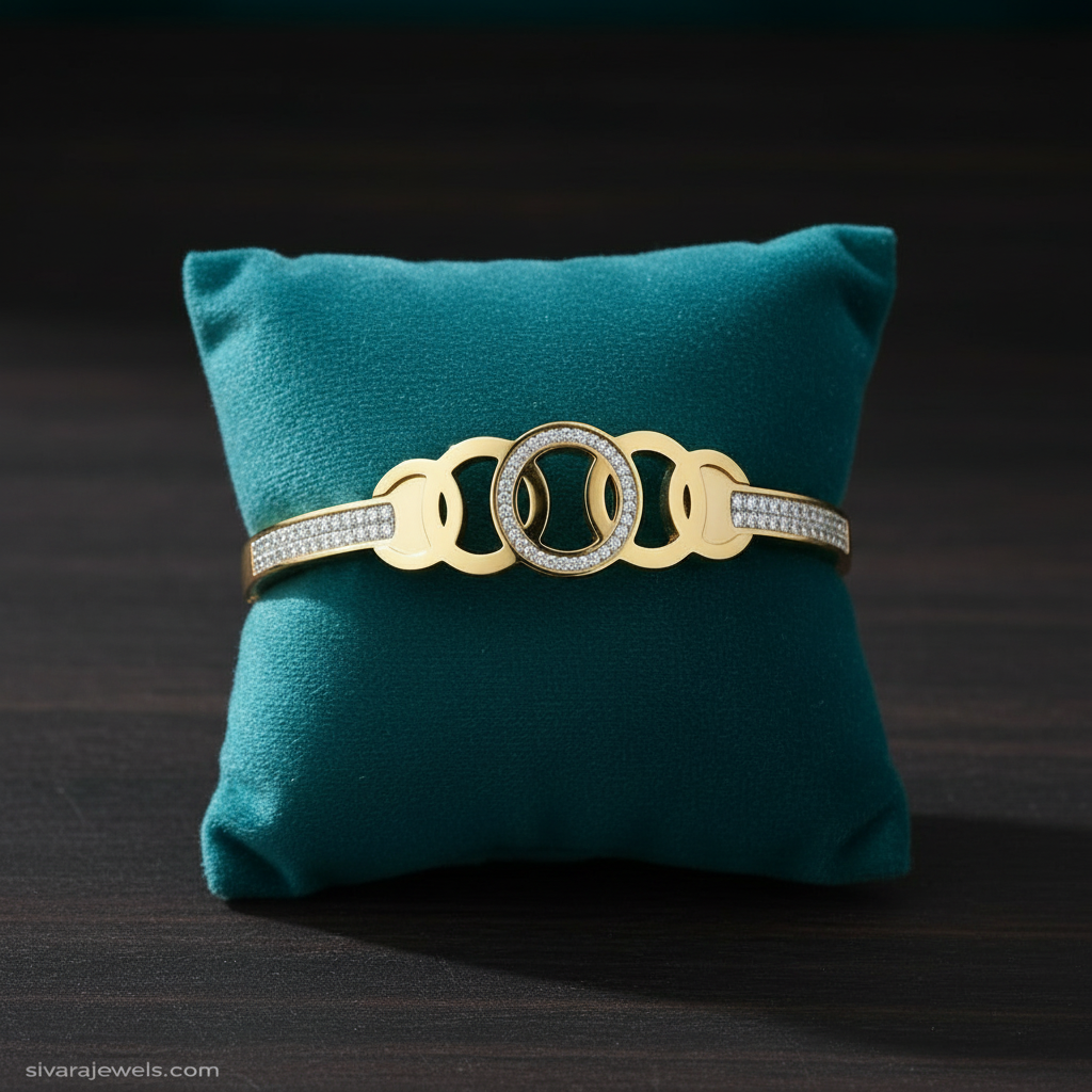 Gold and diamond bracelet with teal velvet cushion through center