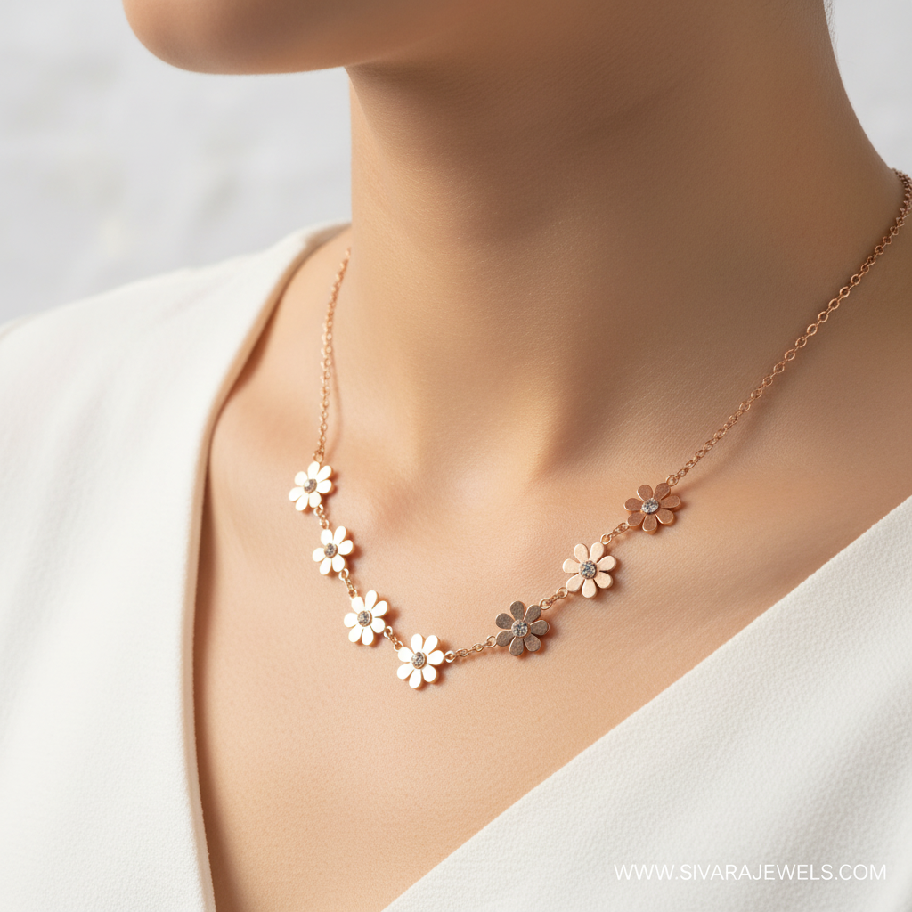 Gold Daisy Flower Necklace on Slender Neck