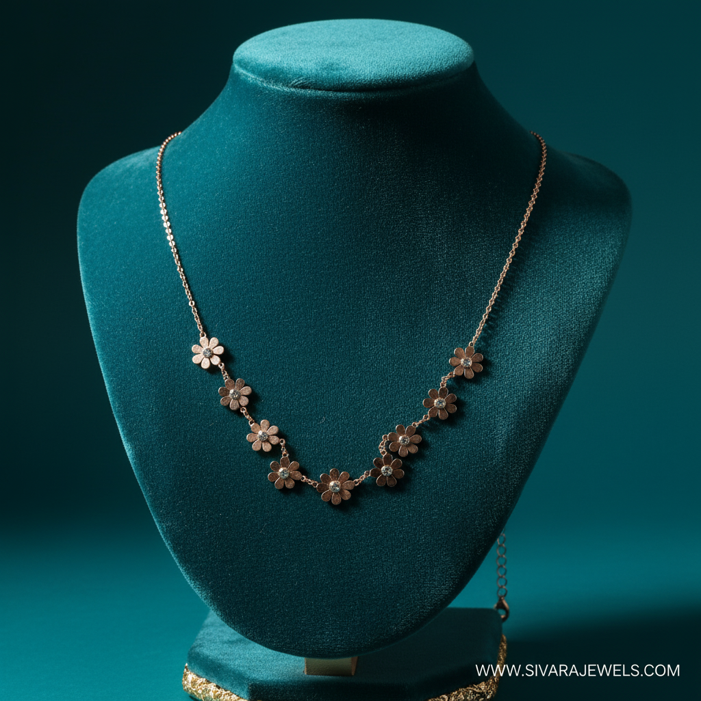 Gold Daisy Flower Necklace on Teal Velvet