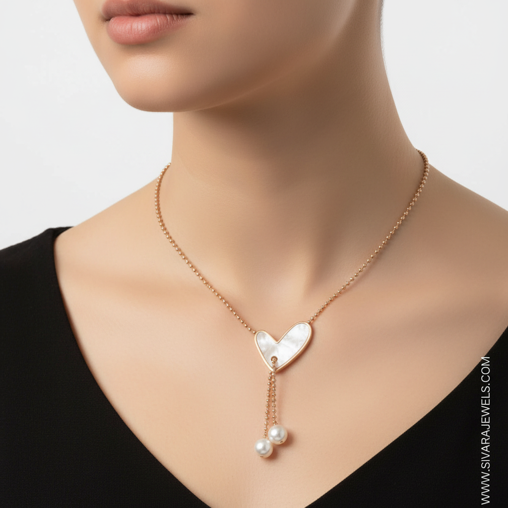 Heart with Mother of Pearl and Two Pearl Drops on Slender Neck