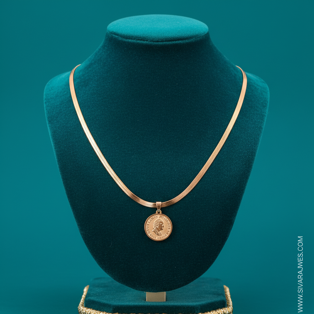 Herringbone Chain with Louis Philip Coin Pendant on Teal Velvet