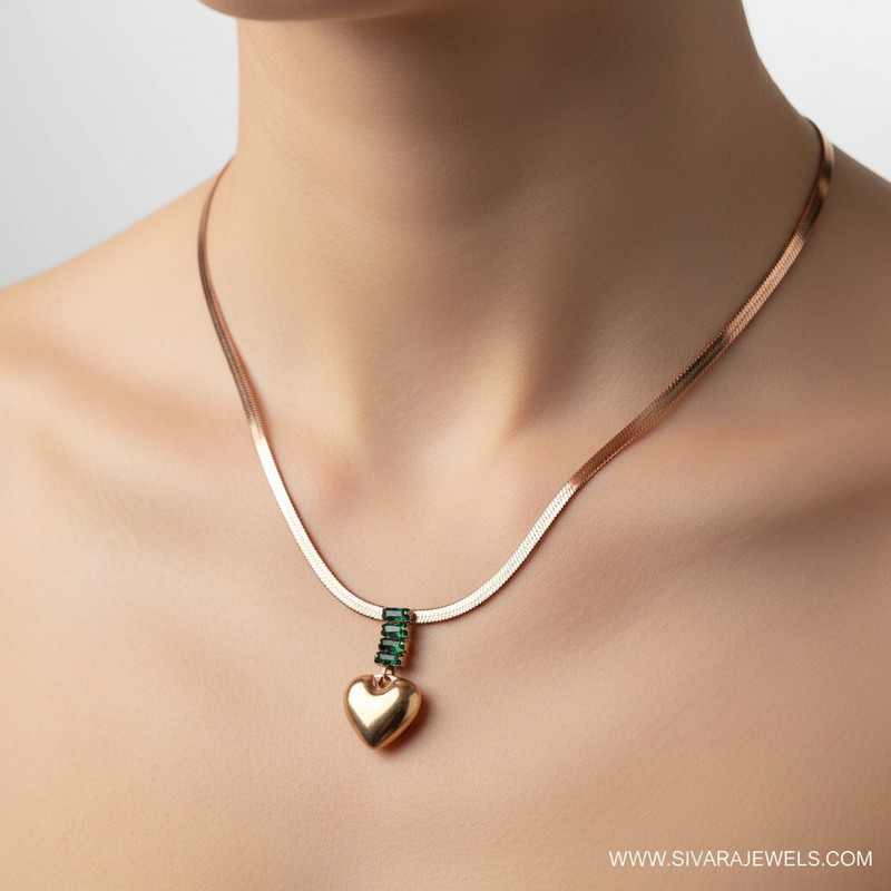 Herringbone with Emerald and Golden Heart on Slender Neck