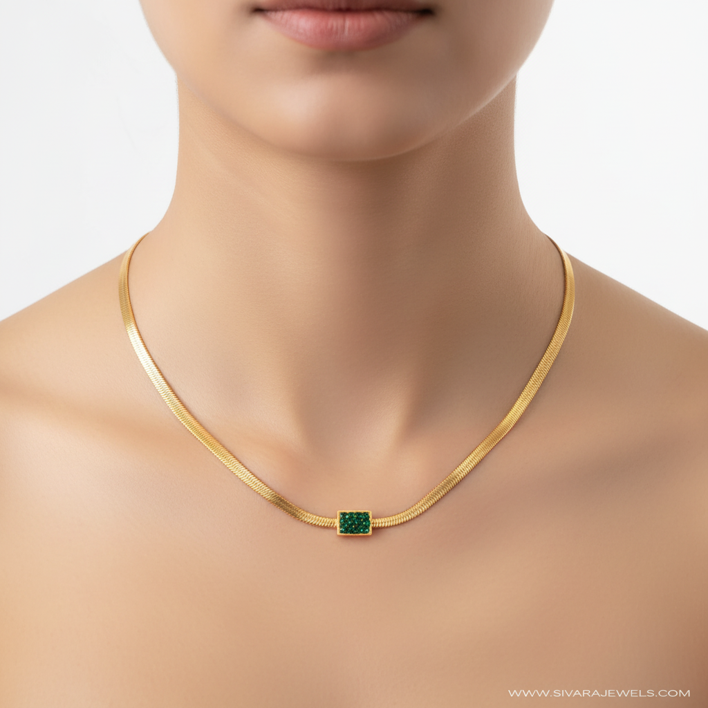 Herringbone with Square Floral Cluster Pendant on Slender Neck