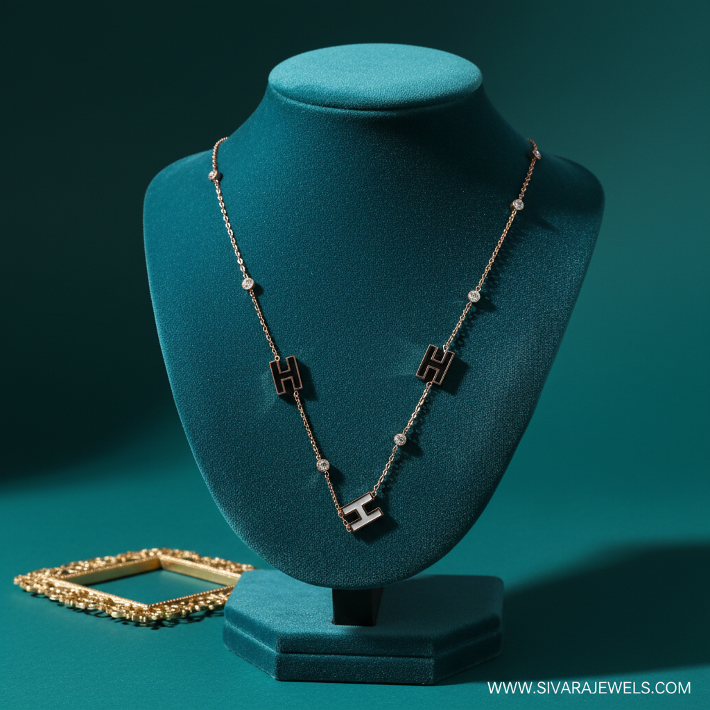 Letter H Charm Necklace on Teal Velvet