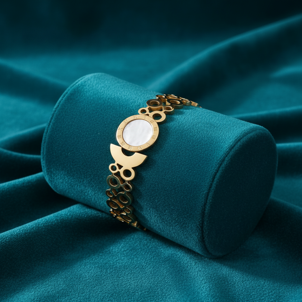 Mother of pearl and circular ring bracelet on teal jewelry cushion with teal background