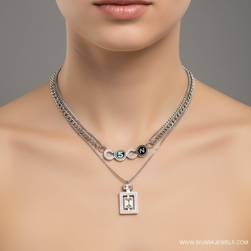 Multi-Strand Silver Layered Necklace on Slender Neck