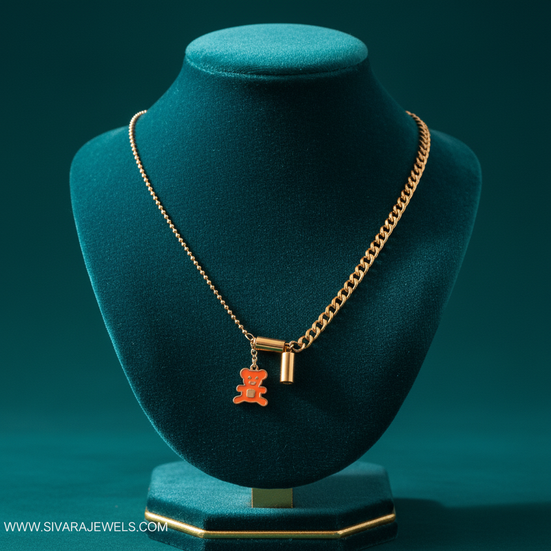 Orange Teddy Bear Charm Necklace on Teal Velvet