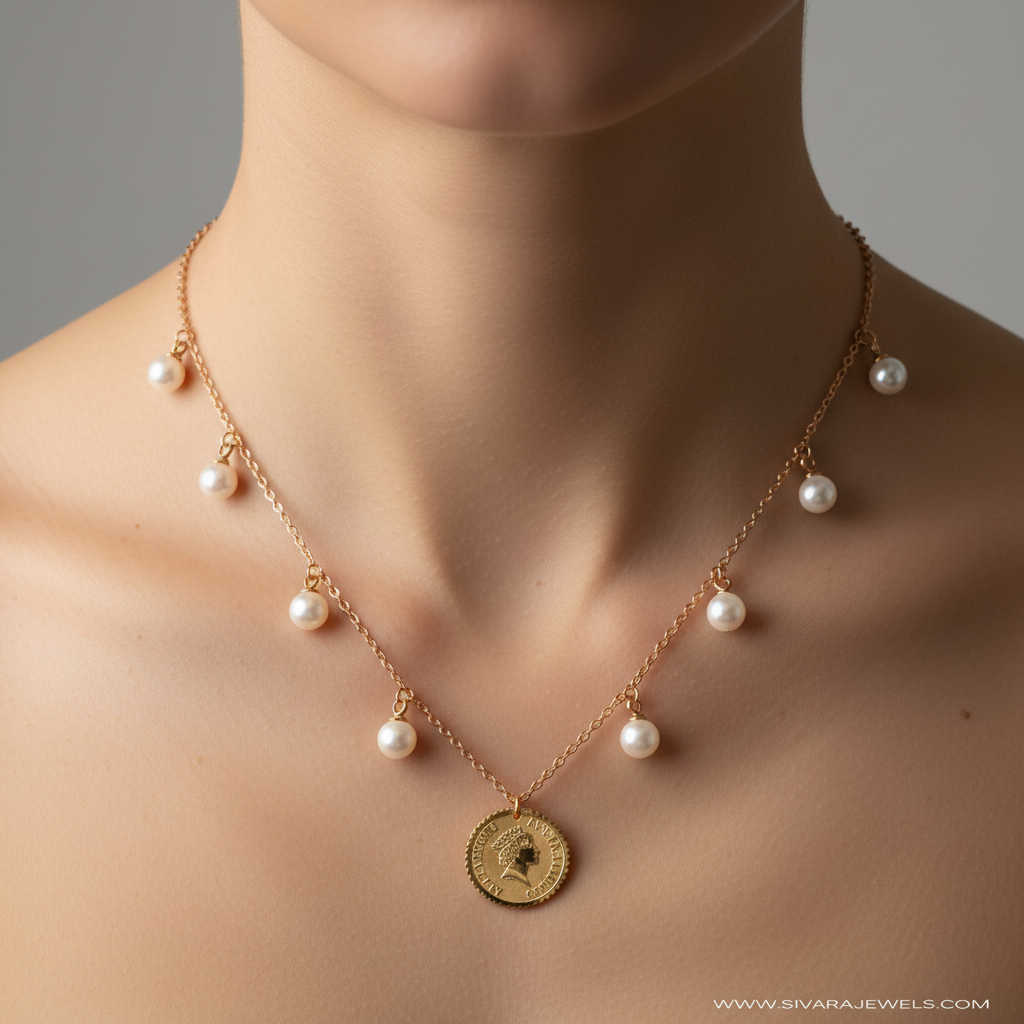Pearl Disc Charm Necklace with Coin Medallion on Slender Neck