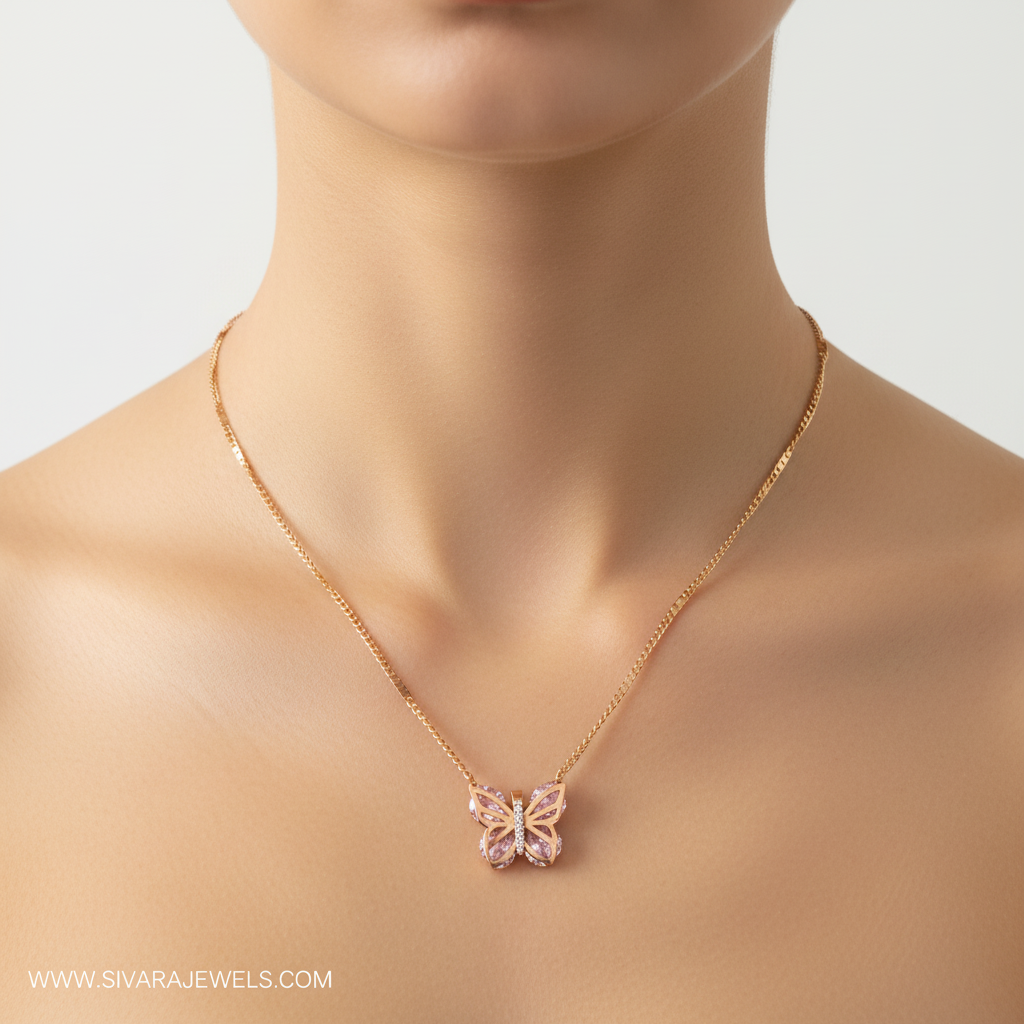 Pink Butterfly Pendant on Slender Neck