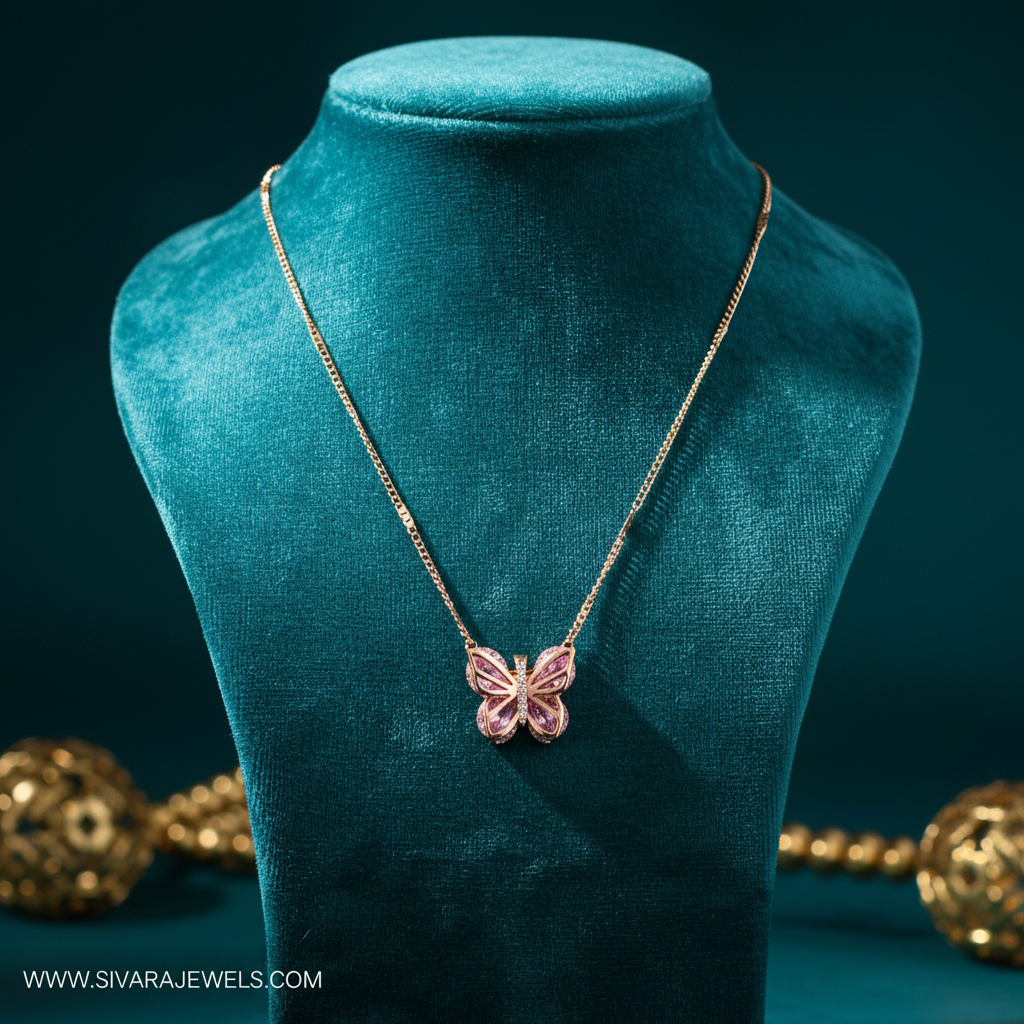 Pink Butterfly Pendant on Teal Velvet