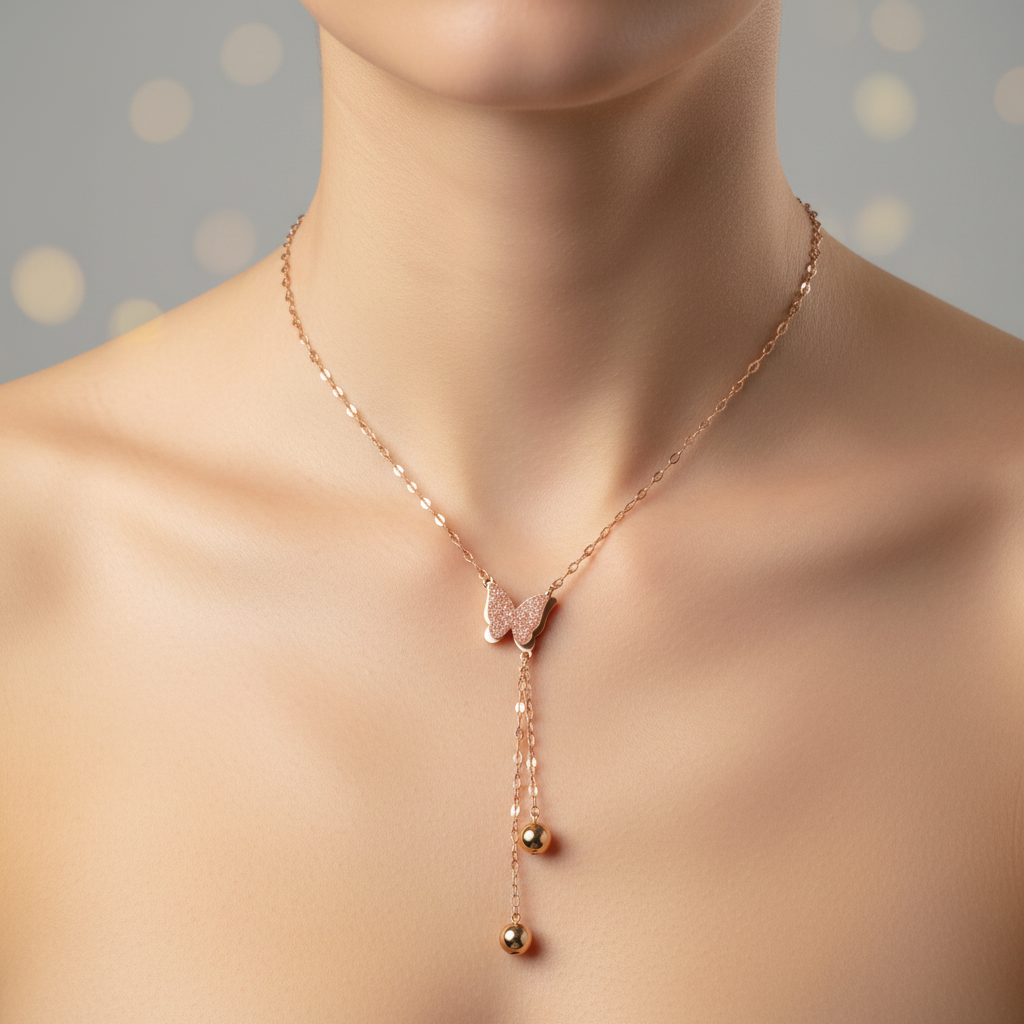 Pink Druzy Butterfly with Lariat on Slender Neck