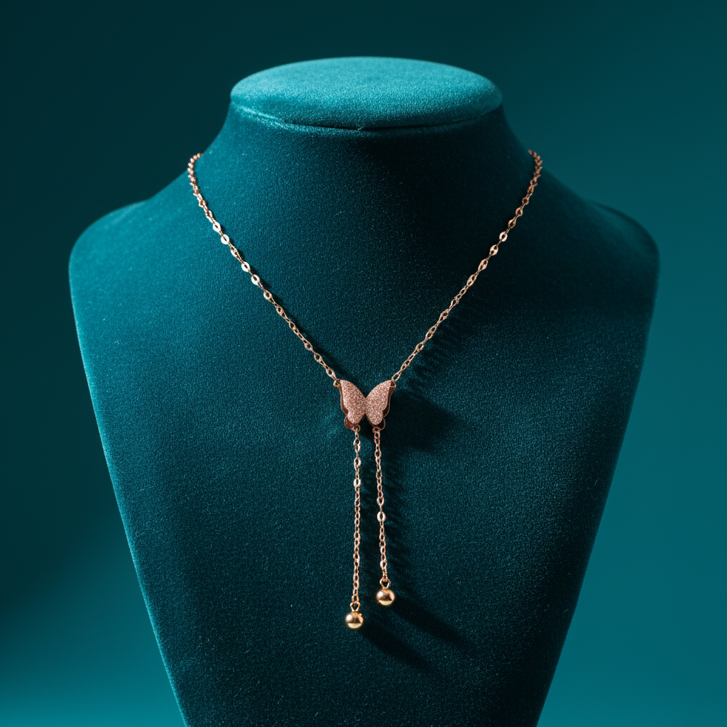 Pink Druzy Butterfly with Lariat on Teal Velvet