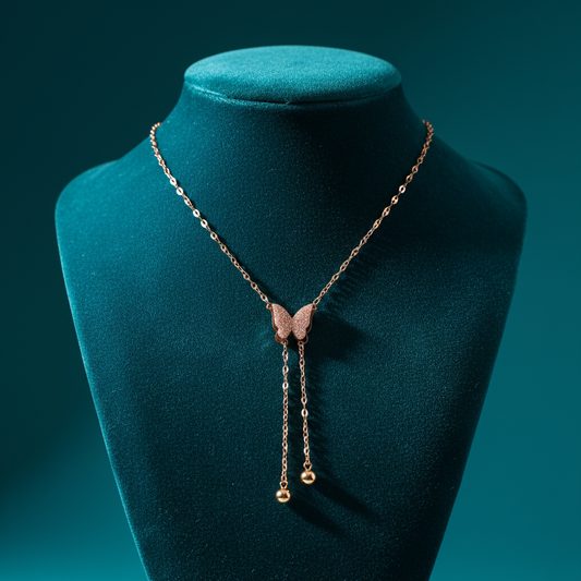 Pink Druzy Butterfly with Lariat on Teal Velvet