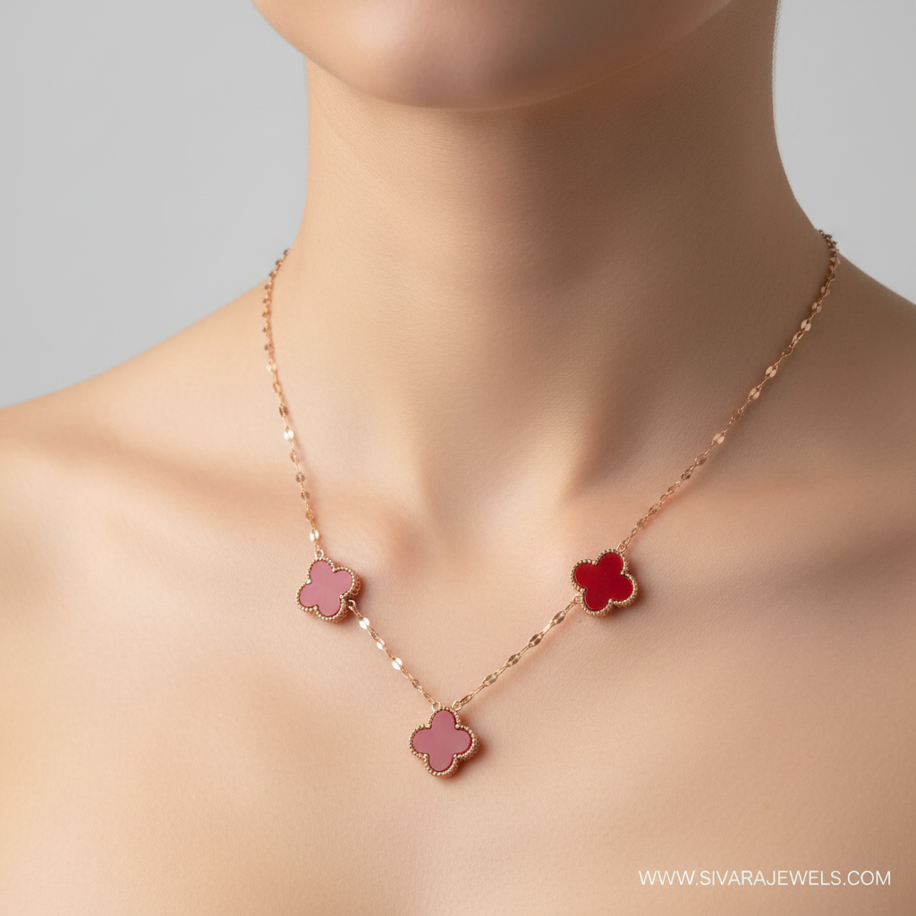 Red Carnelian Clover Necklace on Slender Neck