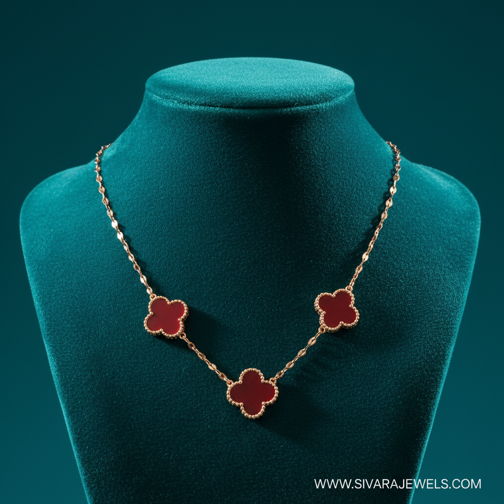 Red Carnelian Clover Necklace on Teal Velvet