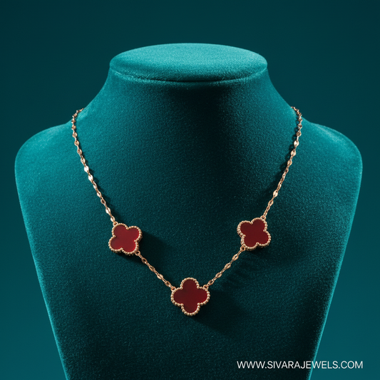 Red Carnelian Clover Necklace on Teal Velvet