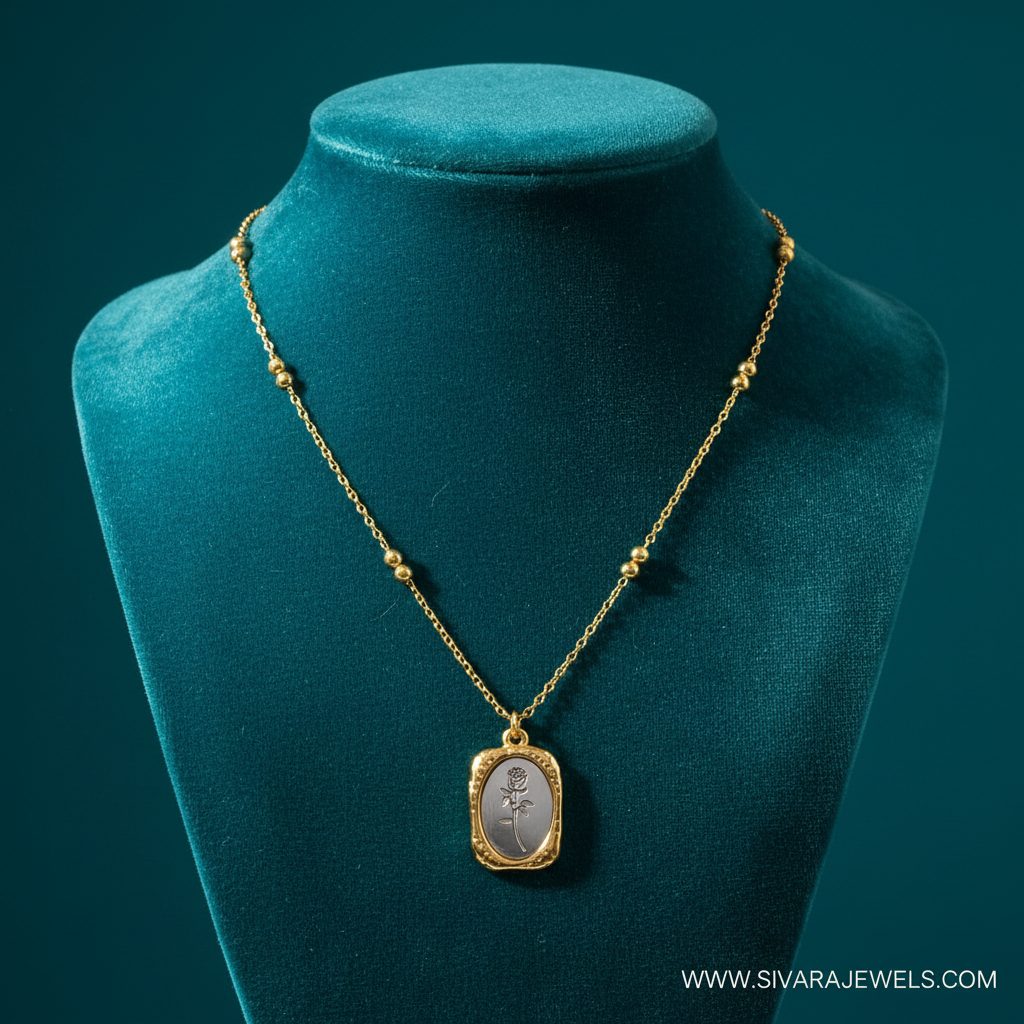 Rose Engraved Silver Pendant on Teal Velvet