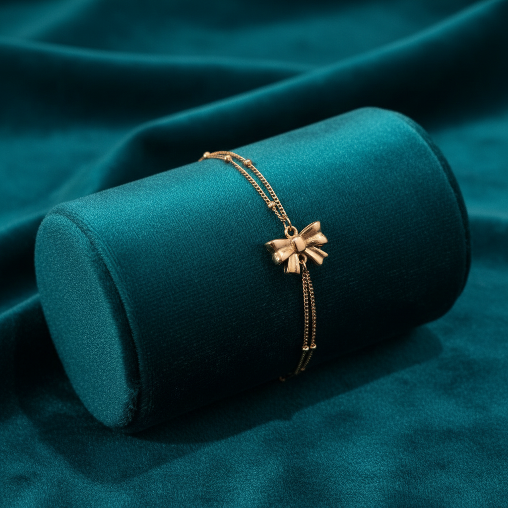 Rose gold bow pendant bracelet on teal jewelry cushion with teal background