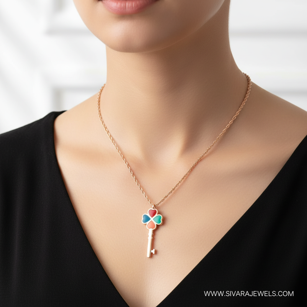 Rose Gold Chain with Colorful Enamel Key on Slender Neck